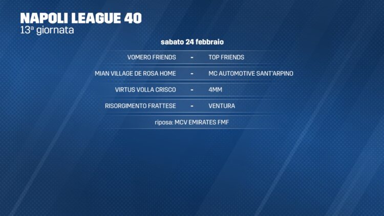 Napoli League 40: il programma della tredicesima giornata